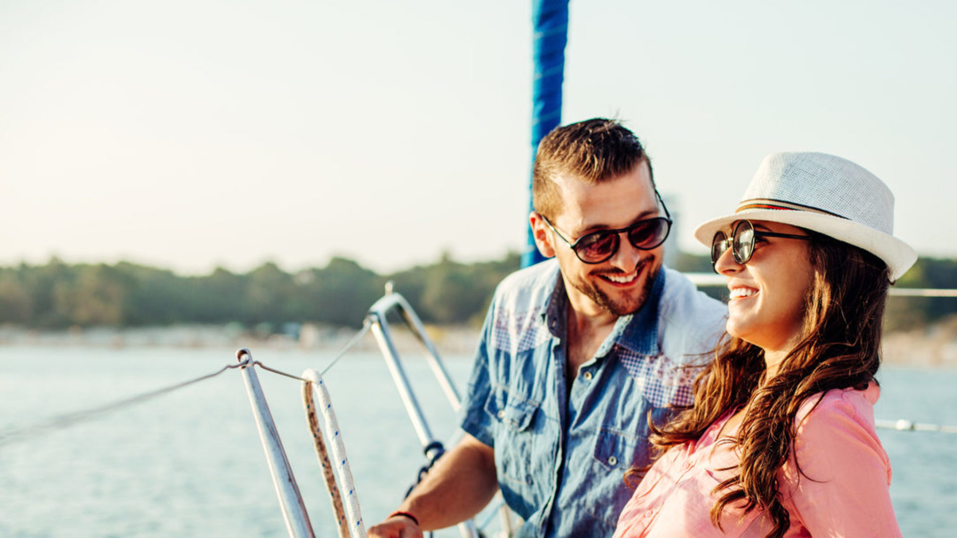 Couple on a first date on a boat in the river